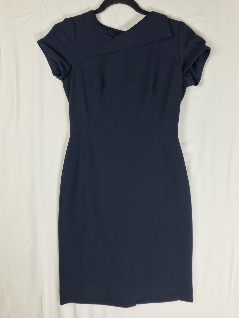 Tahari Navy Asymmetrical Neck Short-Sleeve Midi Dress